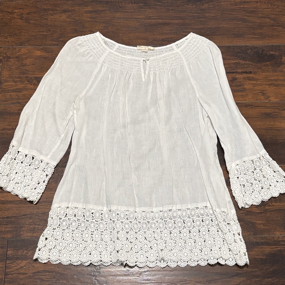 Charter Club White Linen Crochet Trim Blouse